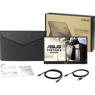 'Asus ZenScreen MB16ACV' portable monitor with packaging, carry case, instructions and two cables. The screen displays a person with a briefcase.