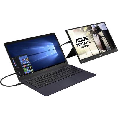 'Laptop is connected to a portable ASUS monitor. The Windows start menu is visible on the laptop screen.'