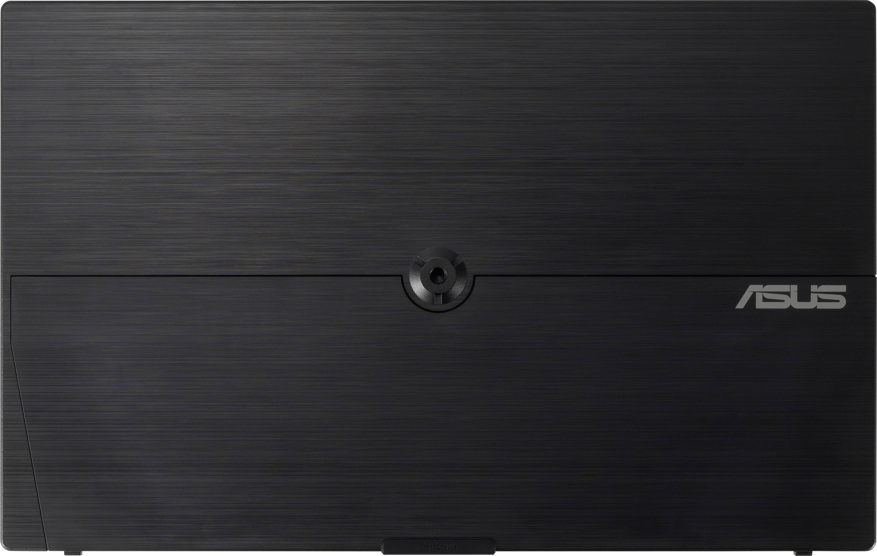 Black laptop lid with ASUS logo in grey at the bottom right. Surface texture is brushed.