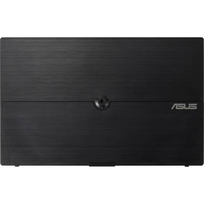 Black laptop lid with ASUS logo in grey at the bottom right. Surface texture is brushed.