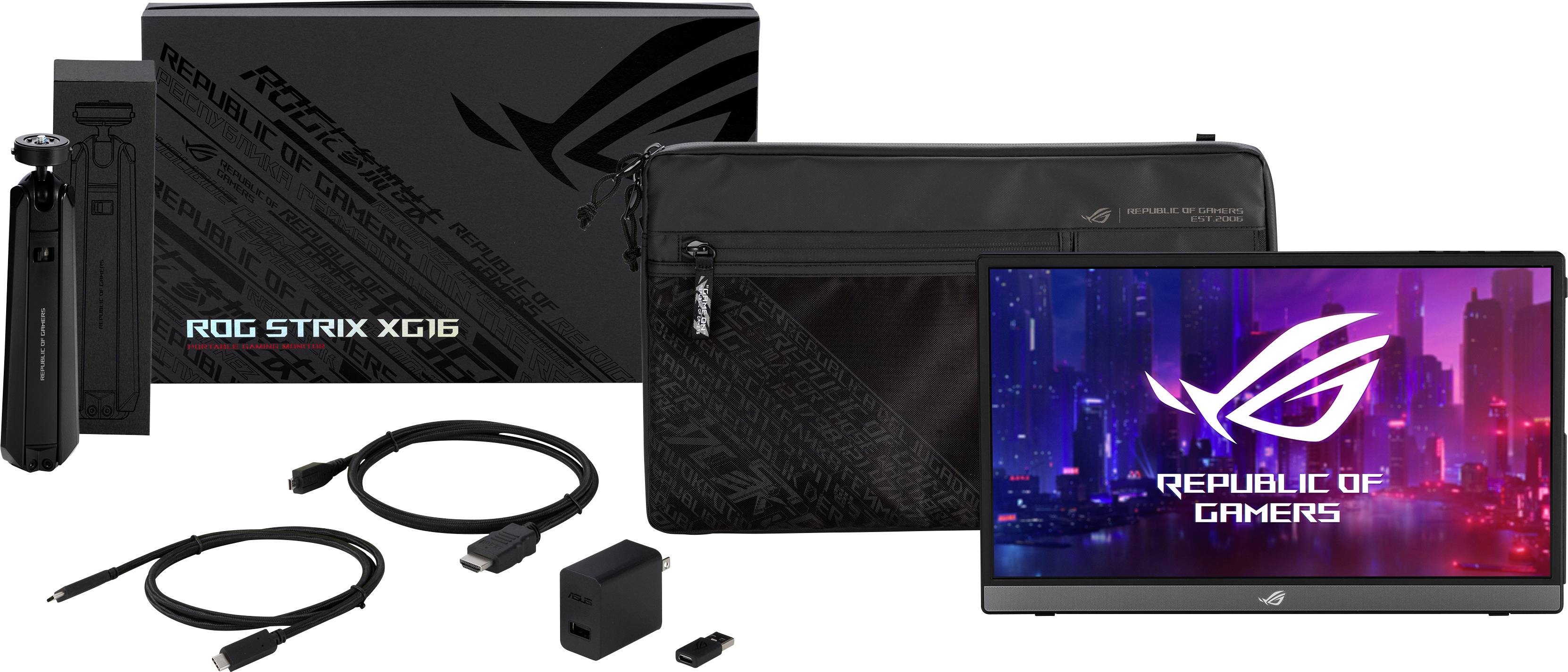 A gaming monitor kit with ROG Strix XG16, black carry bag, stand, cables, and charger on a white background.
