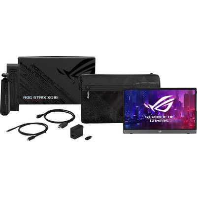 A gaming monitor kit with ROG Strix XG16, black carry bag, stand, cables, and charger on a white background.