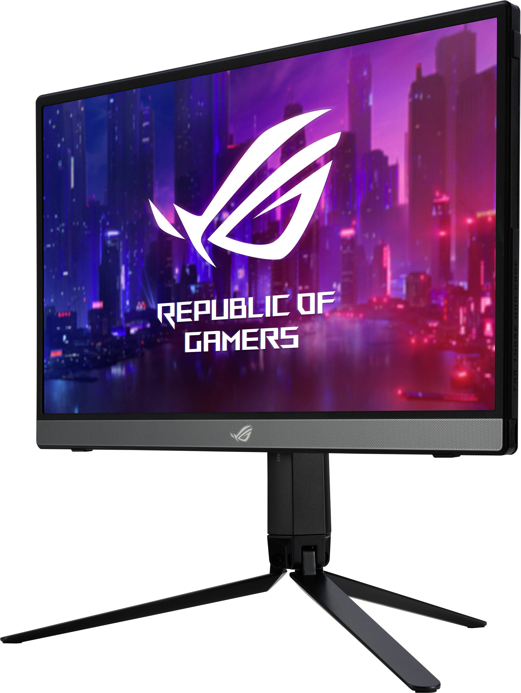 A gaming monitor displaying the 'Republic of Gamers' logo on the screen, set against a dark background with neon-coloured city lights.