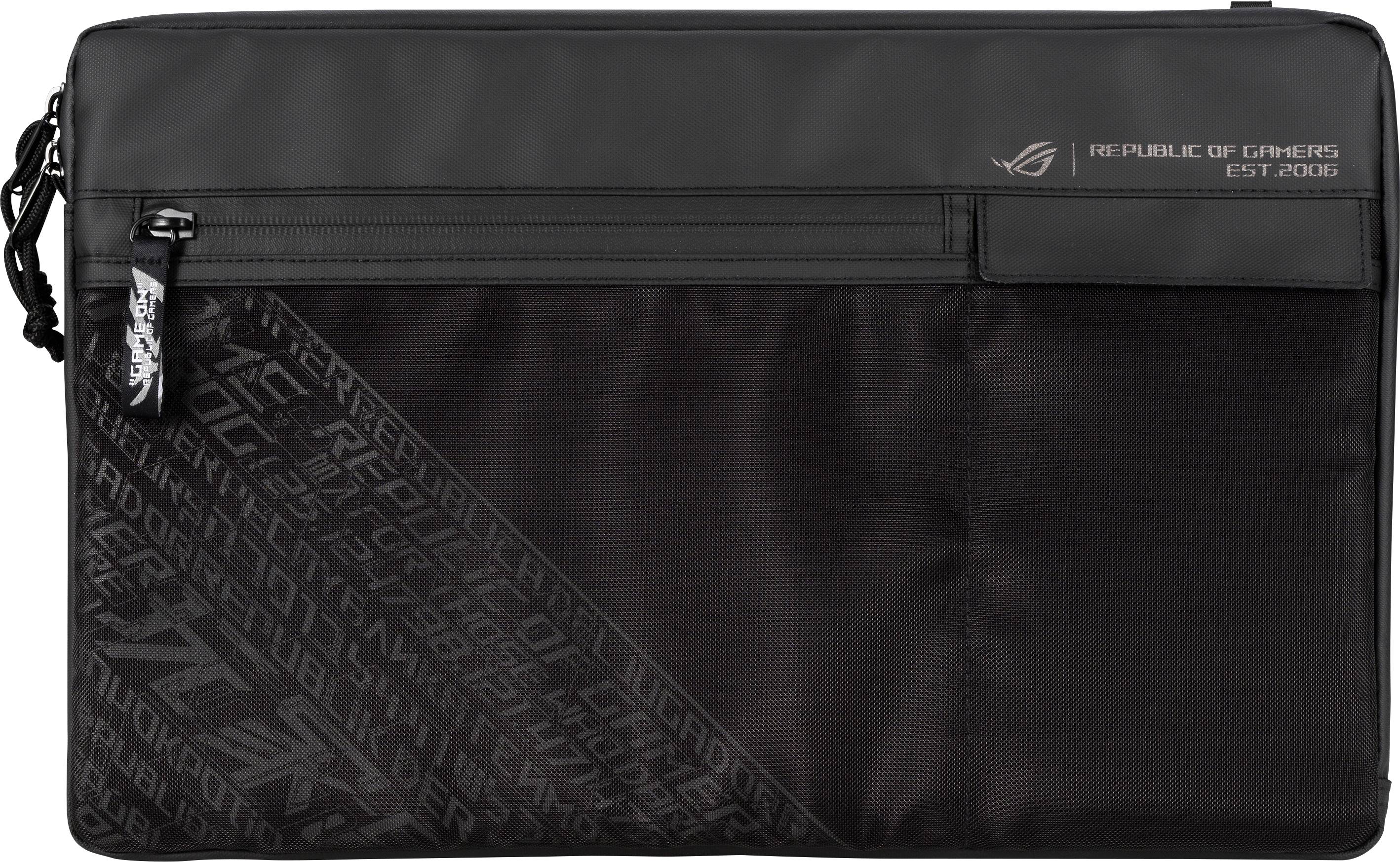 Black laptop bag with ROG logo, zip closure and additional compartment. Text 'REPUBLIC OF GAMERS EST. 2006' in top right corner.