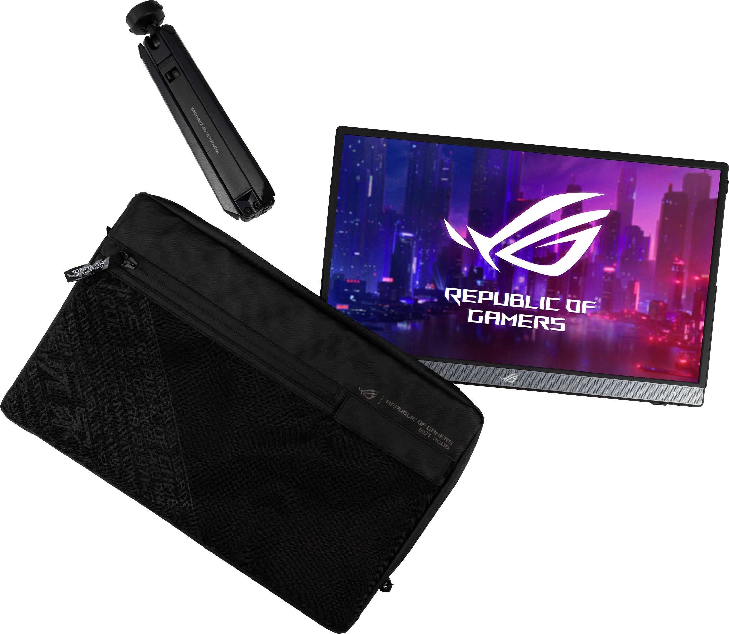 Laptop with 'Republic of Gamers' logo on the screen, beside it a black protective case and a device with a folding stand.