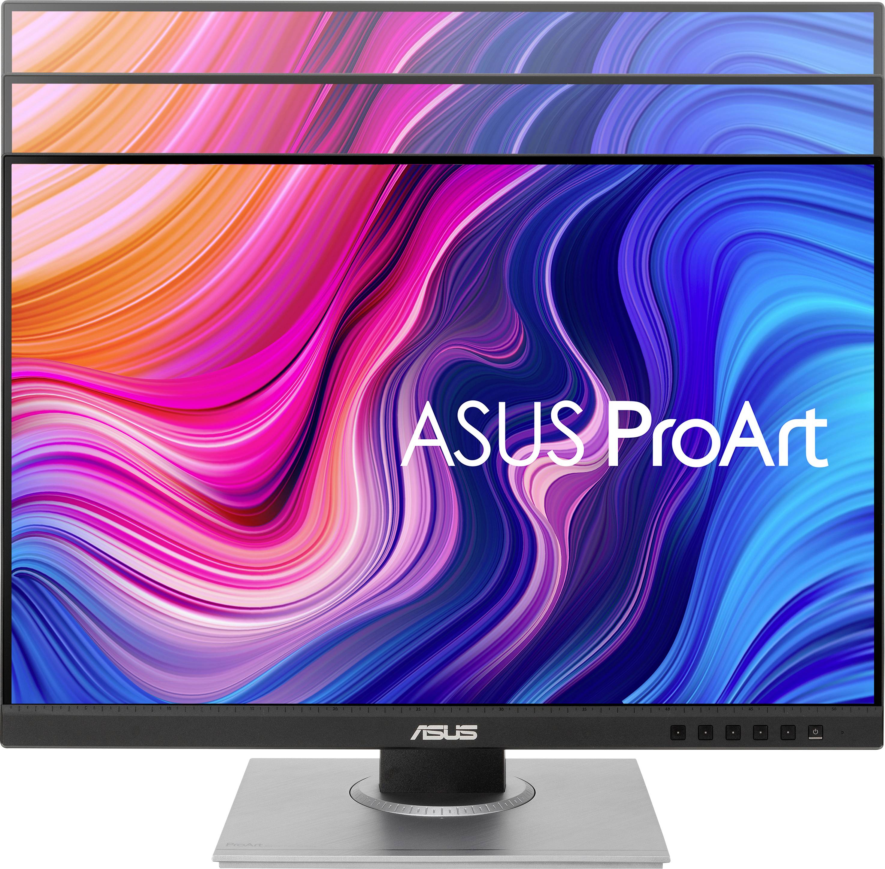 An ASUS ProArt monitor displays a vibrant, wave-like colour spectrum on the screen.
