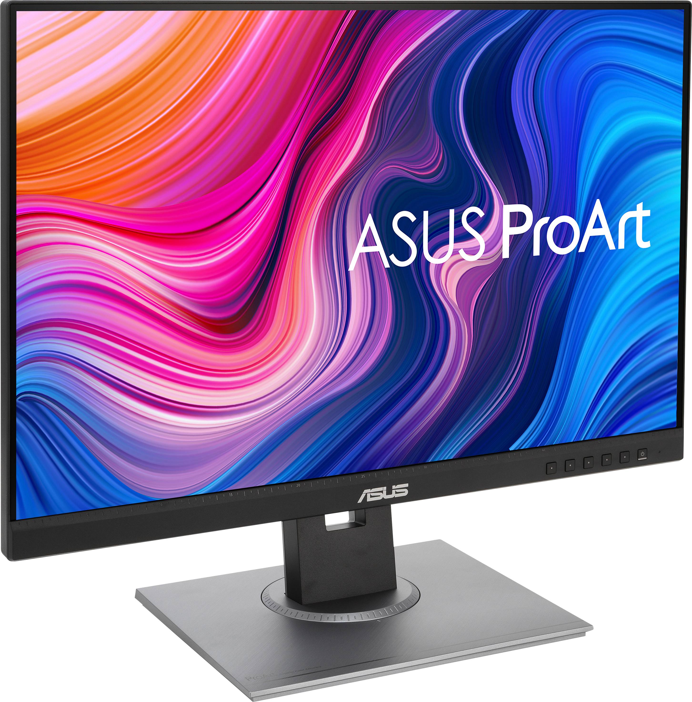 An ASUS ProArt monitor with luminous, abstract colour swirls on the screen. The screen displays the text 'ASUS ProArt'.