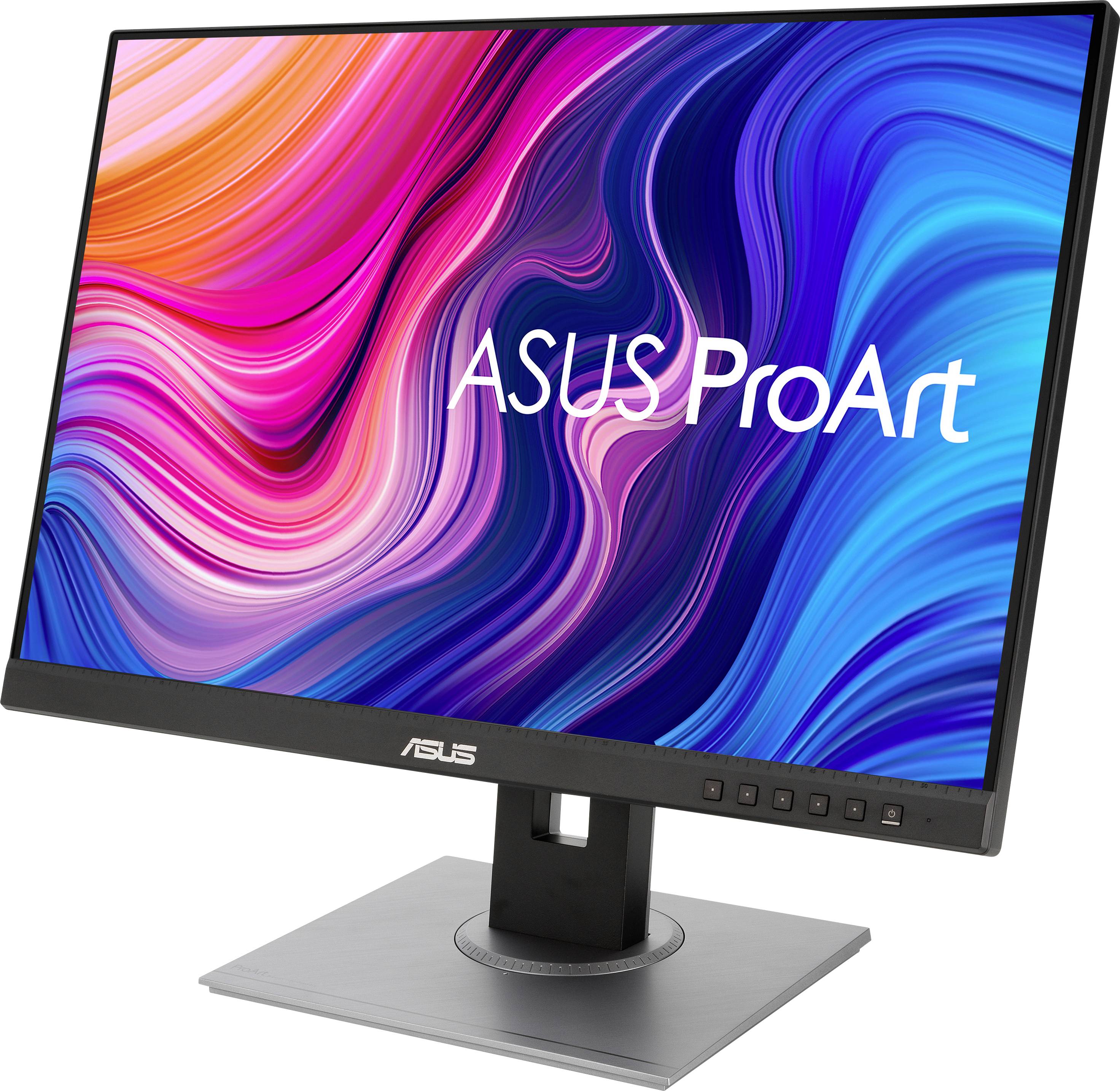 An ASUS ProArt monitor with a colourful, abstract design on the display, suitable for graphic design and professional image editing.