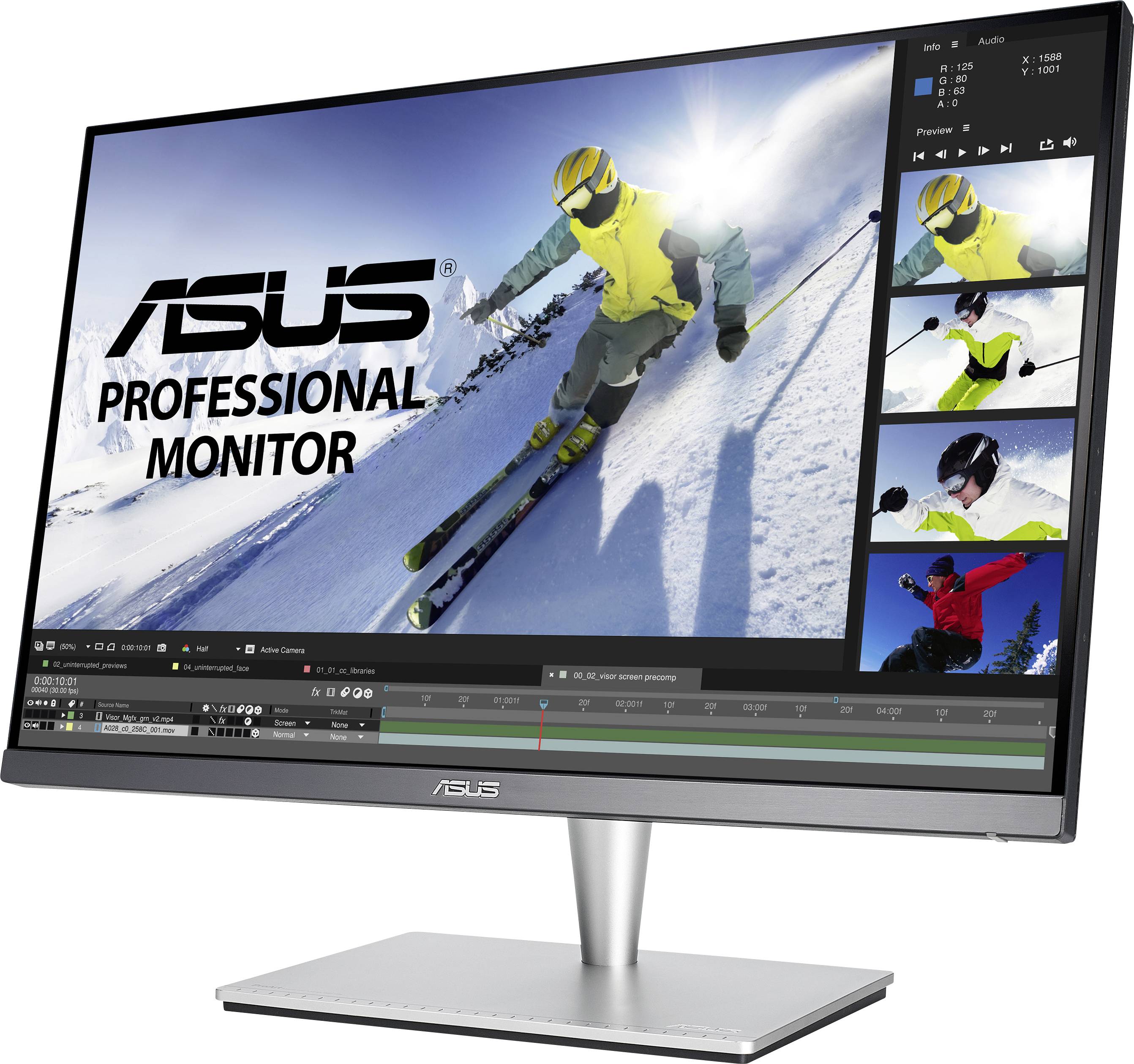A monitor displays an edited video of a skier in vibrant colours. The screen bears the logo 'ASUS PROFESSIONAL MONITOR'.
