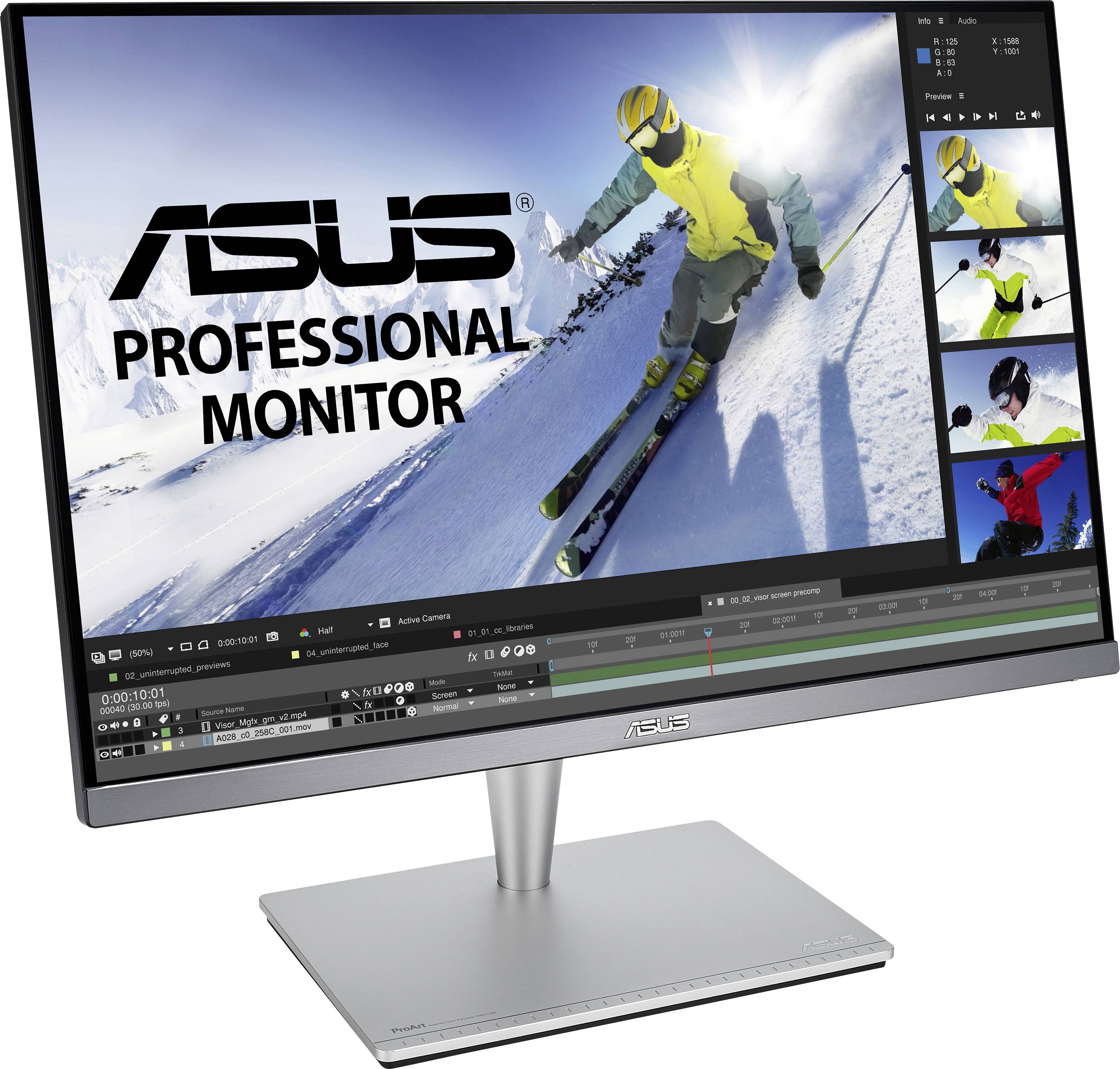 Monitor screen shows a skier in action alongside editing software. Text: 'ASUS Professional Monitor'.