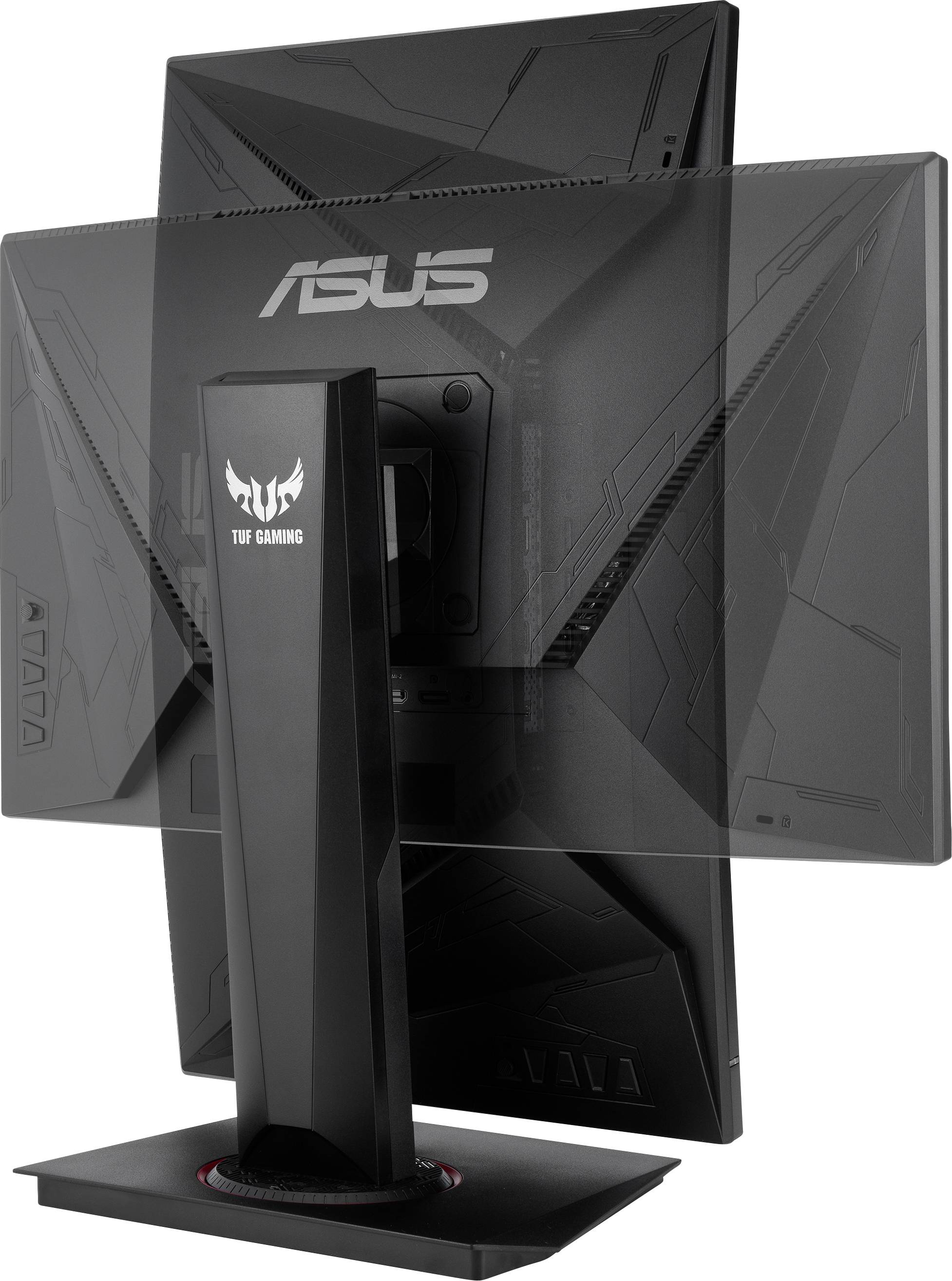 Rear view of an ASUS TUF Gaming monitor with a robust stand featuring the 'TUF Gaming' brand logo.