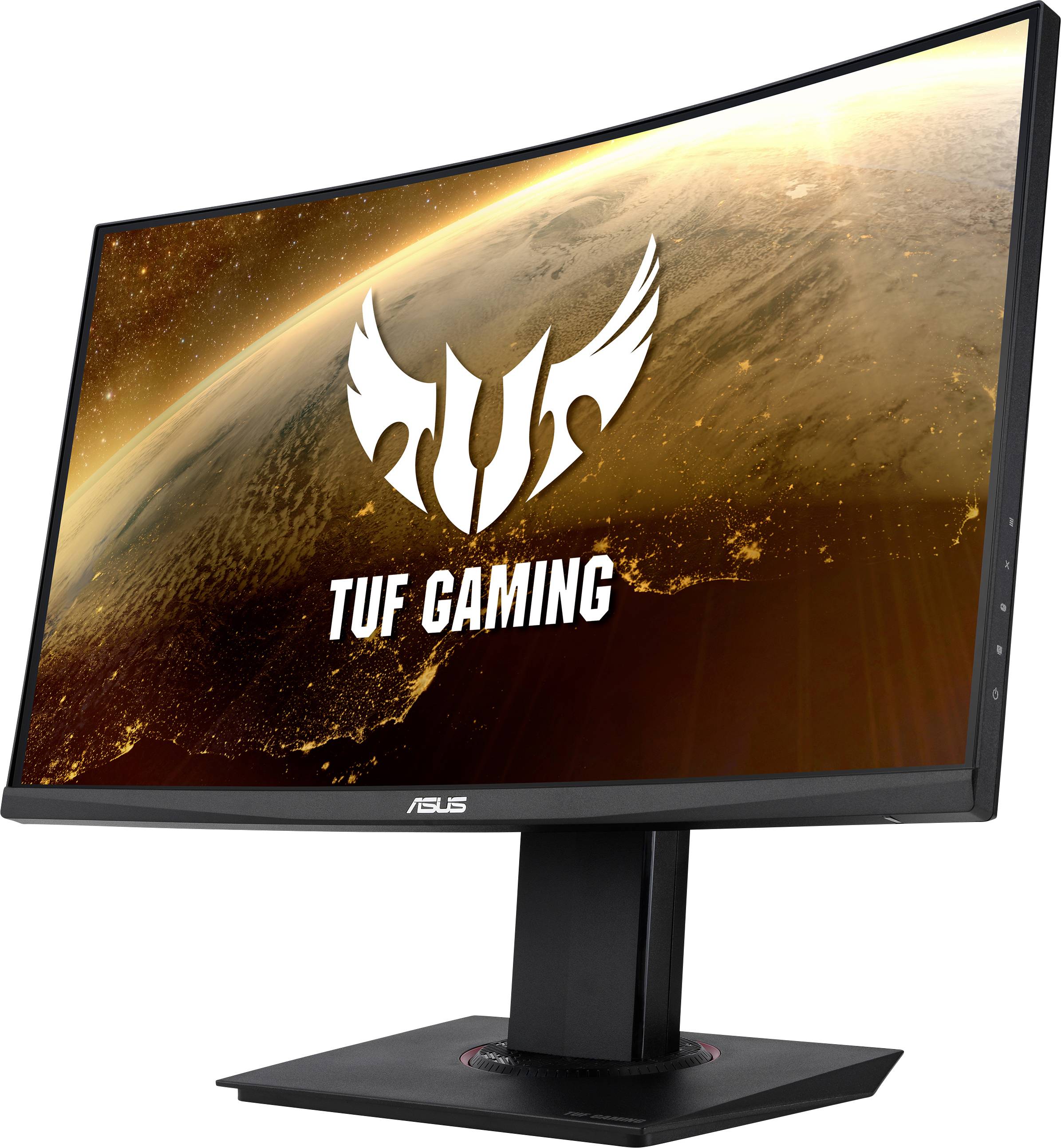 A curved gaming monitor from the 'TUF Gaming' brand with a space-themed motif on the screen.