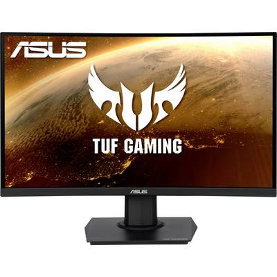 An ASUS TUF Gaming monitor with a curved screen and TUF Gaming logo against a space background.
