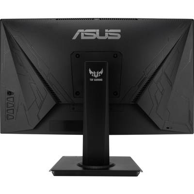 'Rear view of an ASUS computer monitor with TUF Gaming logo, black, with stand and modern design lines.'
