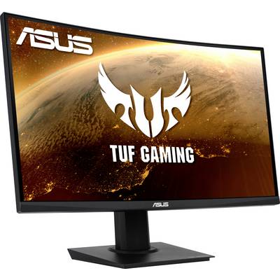 An ASUS TUF Gaming monitor with a curved screen displays a space theme.