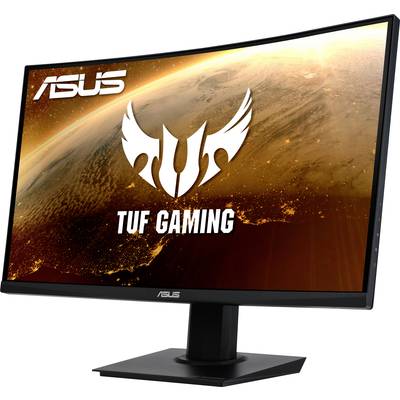 An ASUS TUF Gaming Monitor with a curved screen. A space image is displayed on the screen, showcasing the monitor.