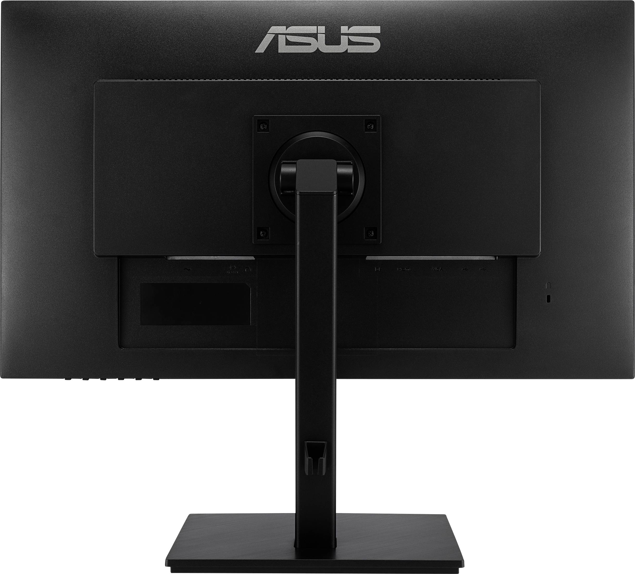 A black ASUS computer monitor, shown from behind. The stand is centrally positioned, with the brand clearly visible at the top.