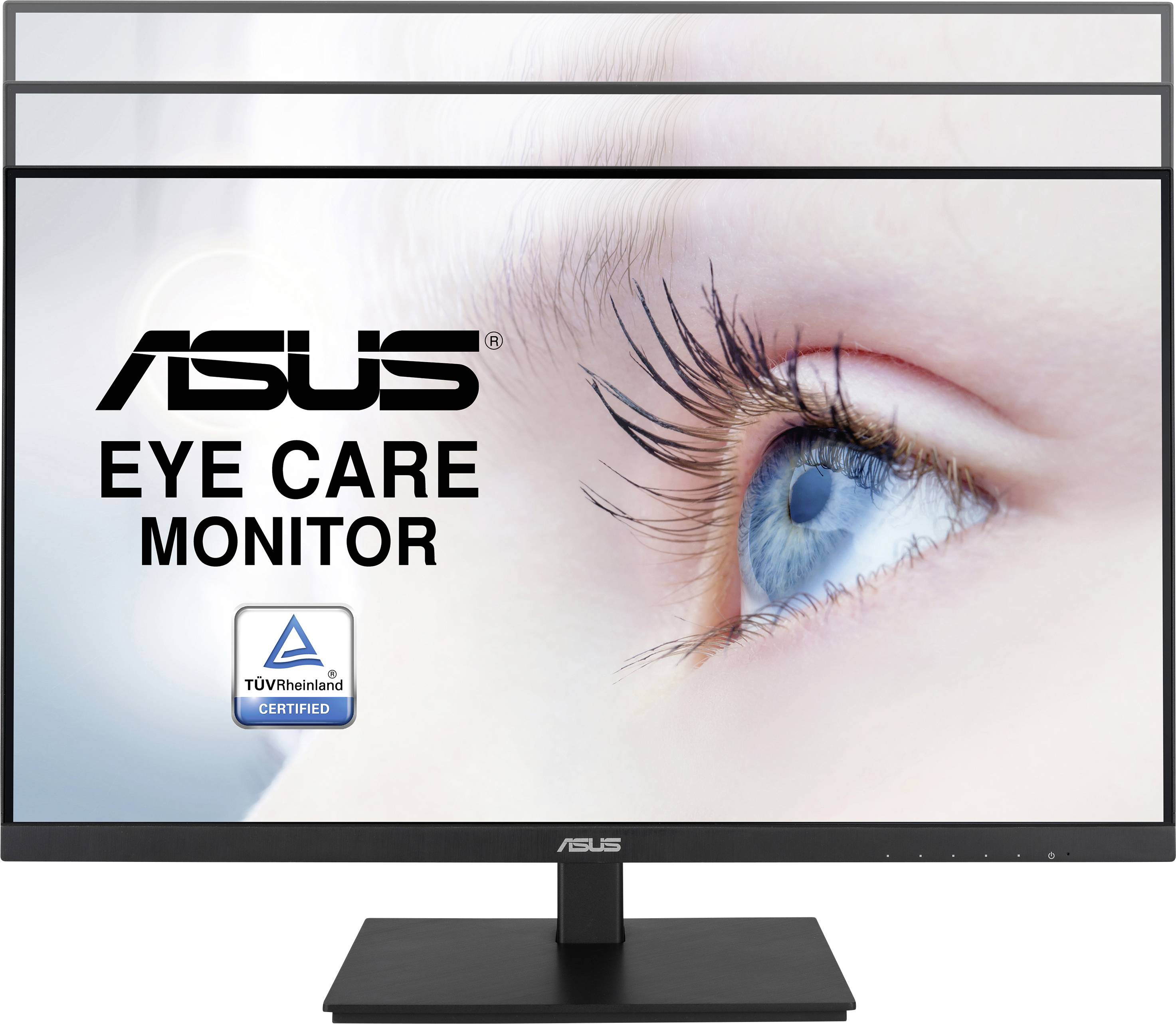 Asus Monitor with Eye Care Technology. Close-up of a blue eye. TÜV Rheinland certified.