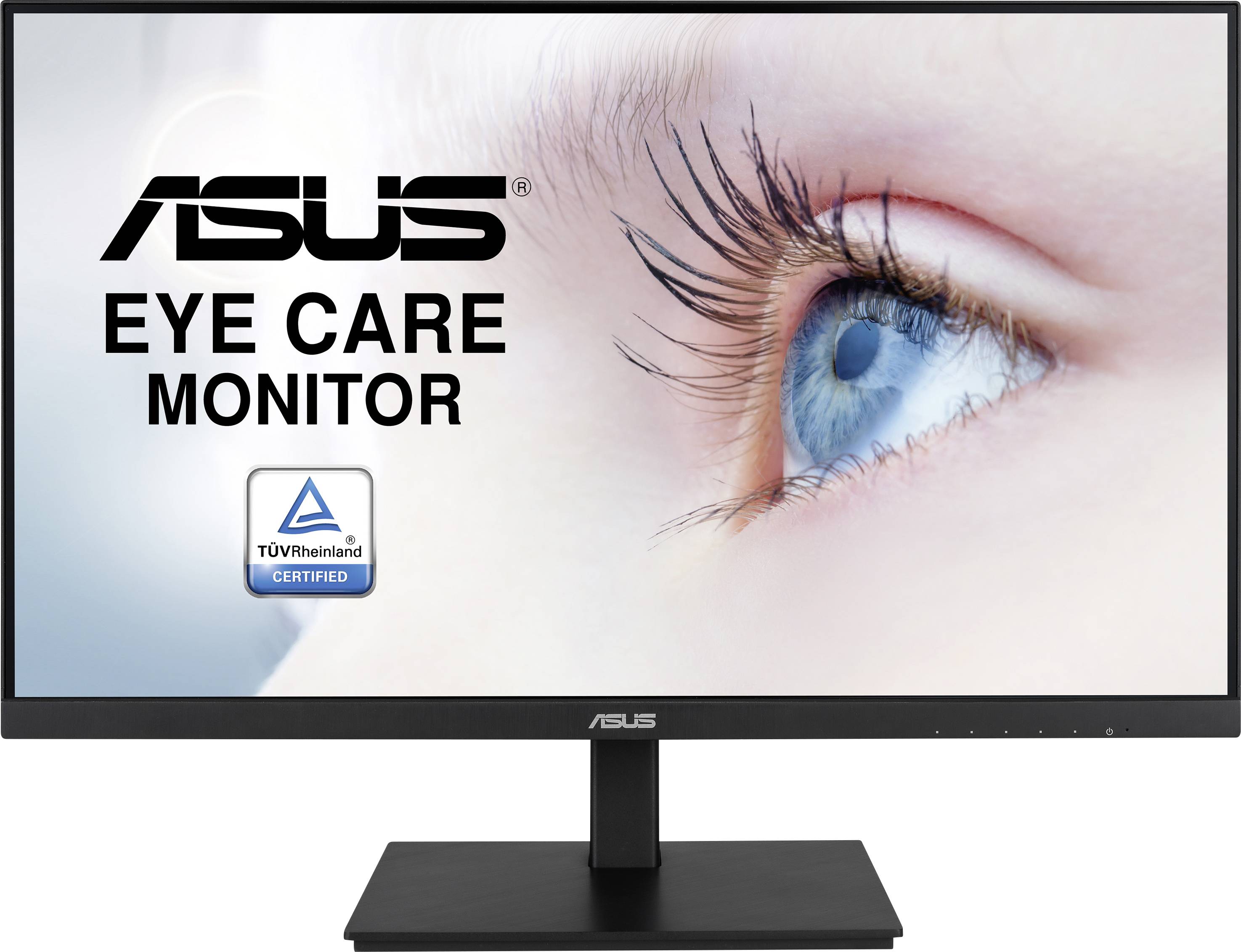 An ASUS monitor labelled 'Eye Care Monitor' with TÜV Rheinland certification. Close-up of a blue eye on the screen.