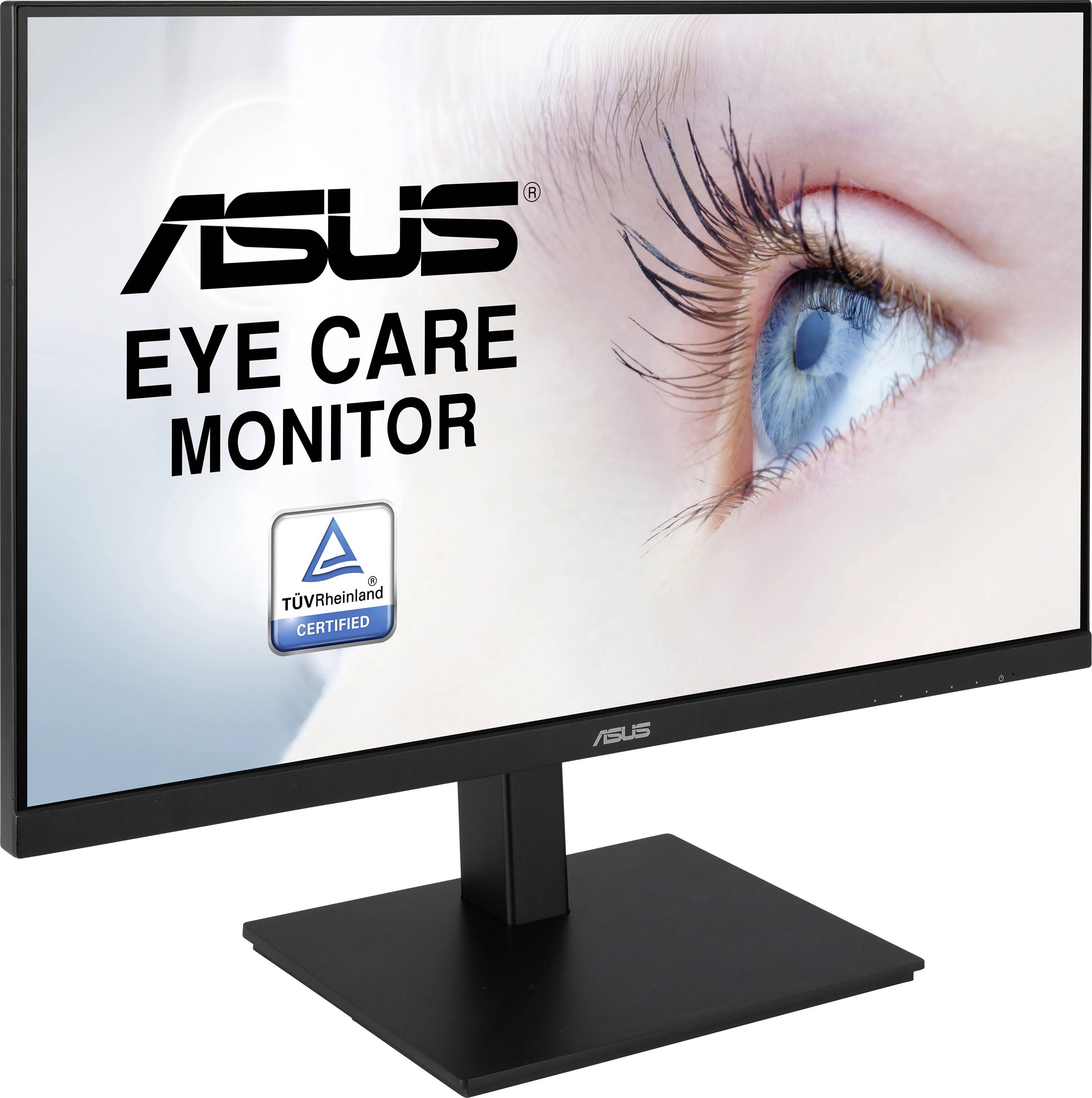 A monitor displaying 'ASUS Eye Care Monitor' and 'TÜV Rheinland Certified'. A close-up of an eye on the screen.