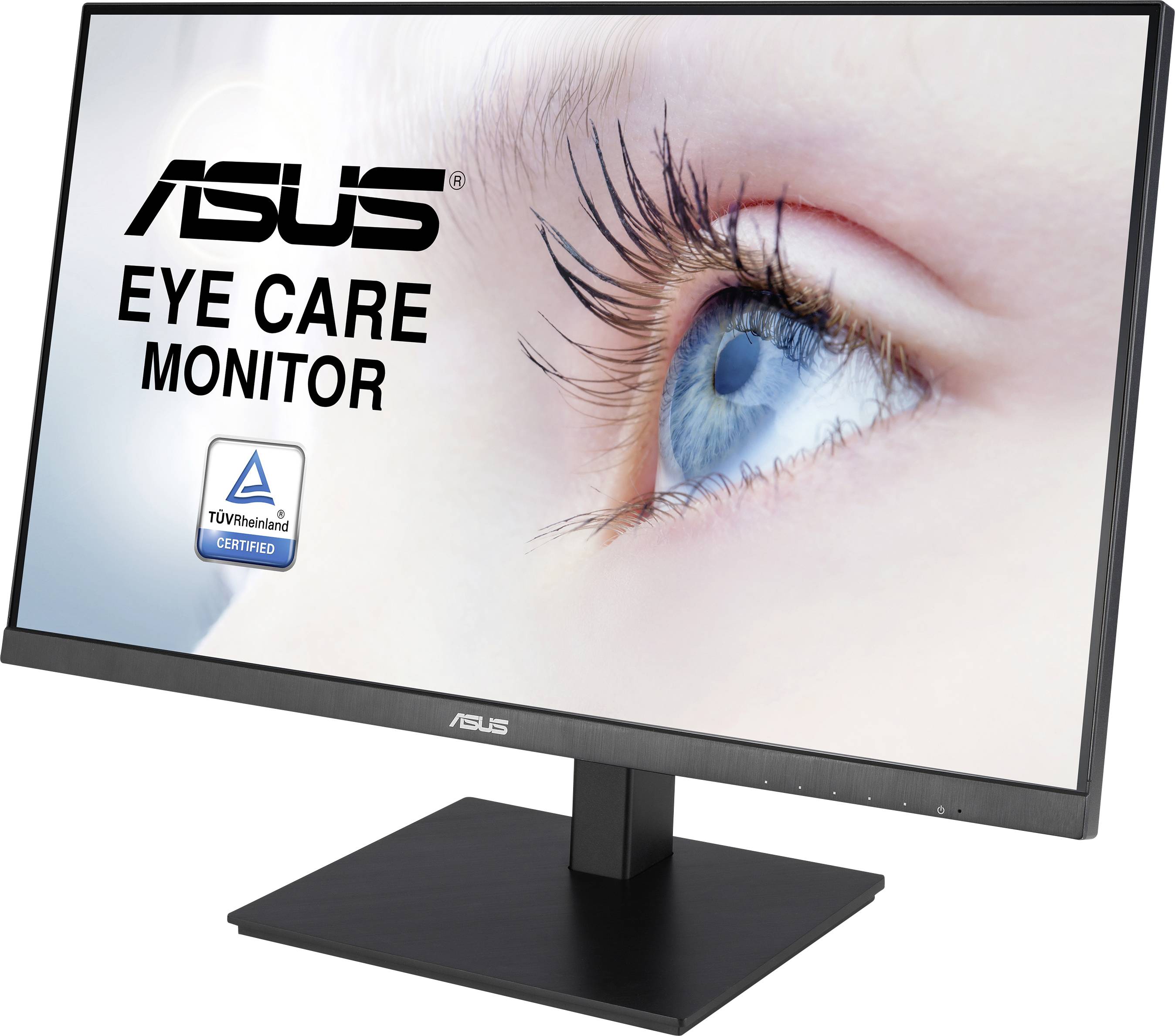 An ASUS monitor with the text 'Eye Care Monitor'. A large eye is depicted in the background, with a TÜV-certified seal visible.