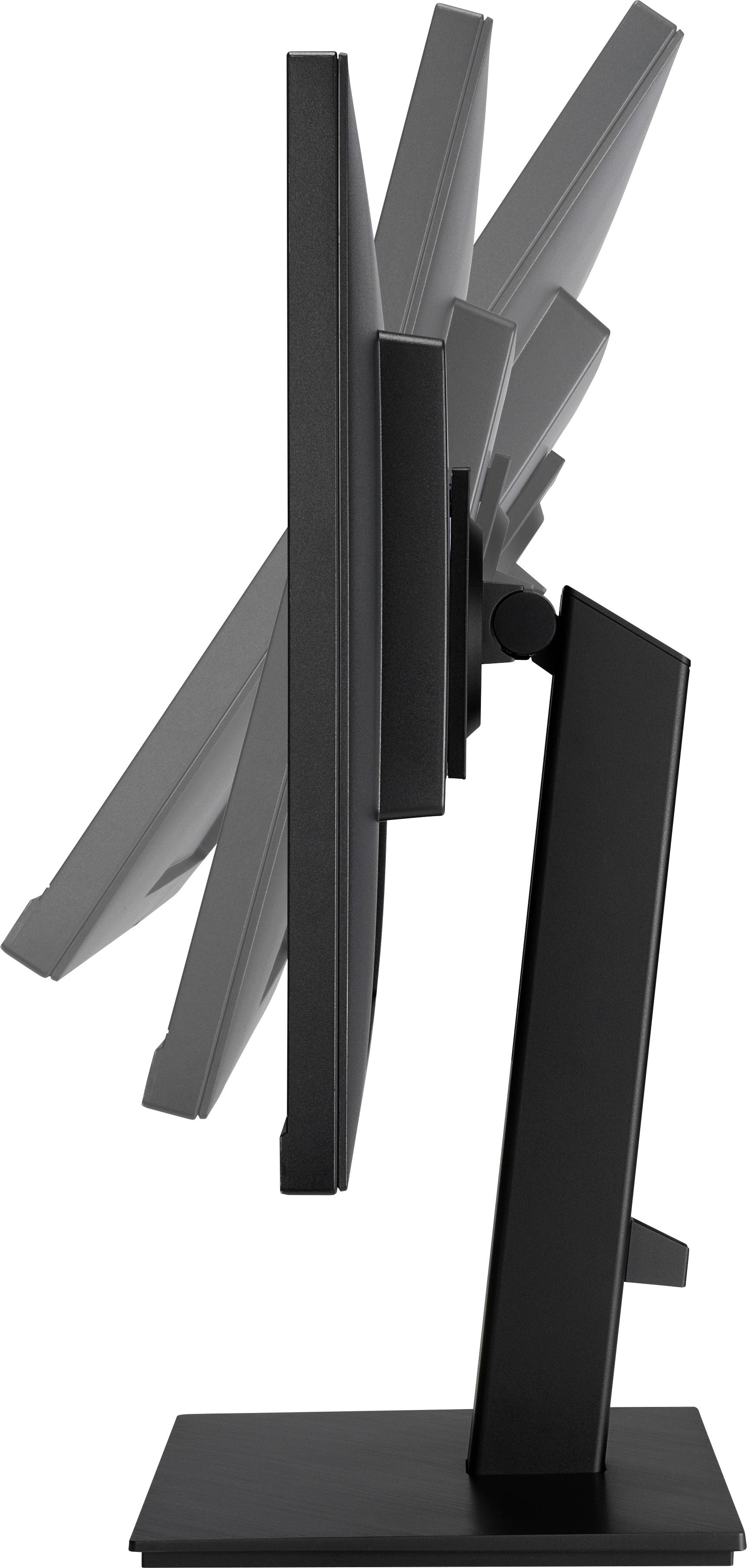 A side view of a computer monitor that can be tilted from various angles. The stand is sturdy and black.