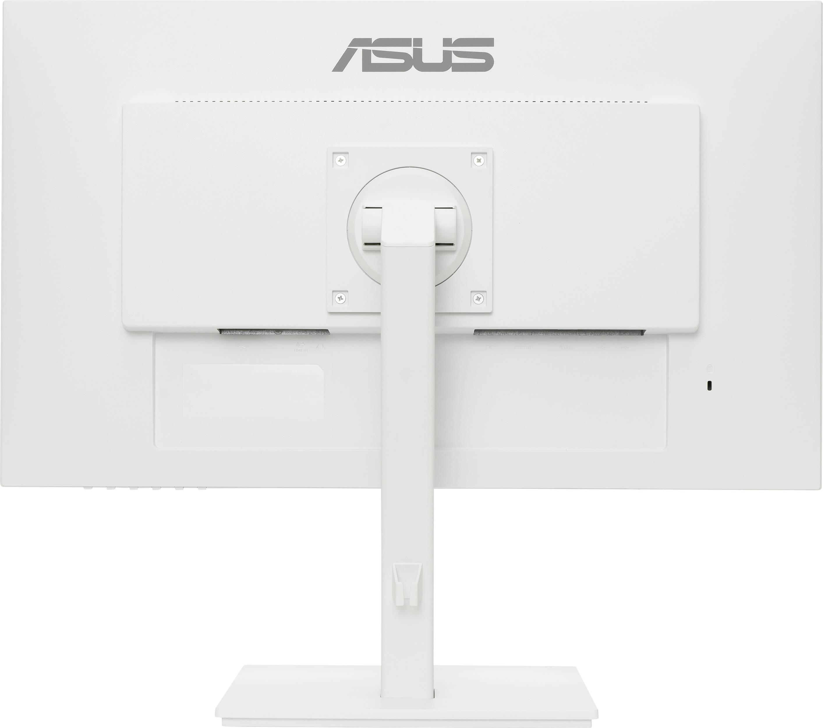 A white Asus computer monitor, viewed from behind.