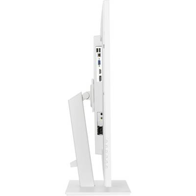 Side view of a white computer monitor on a stand. Connections and cables are located at the rear.