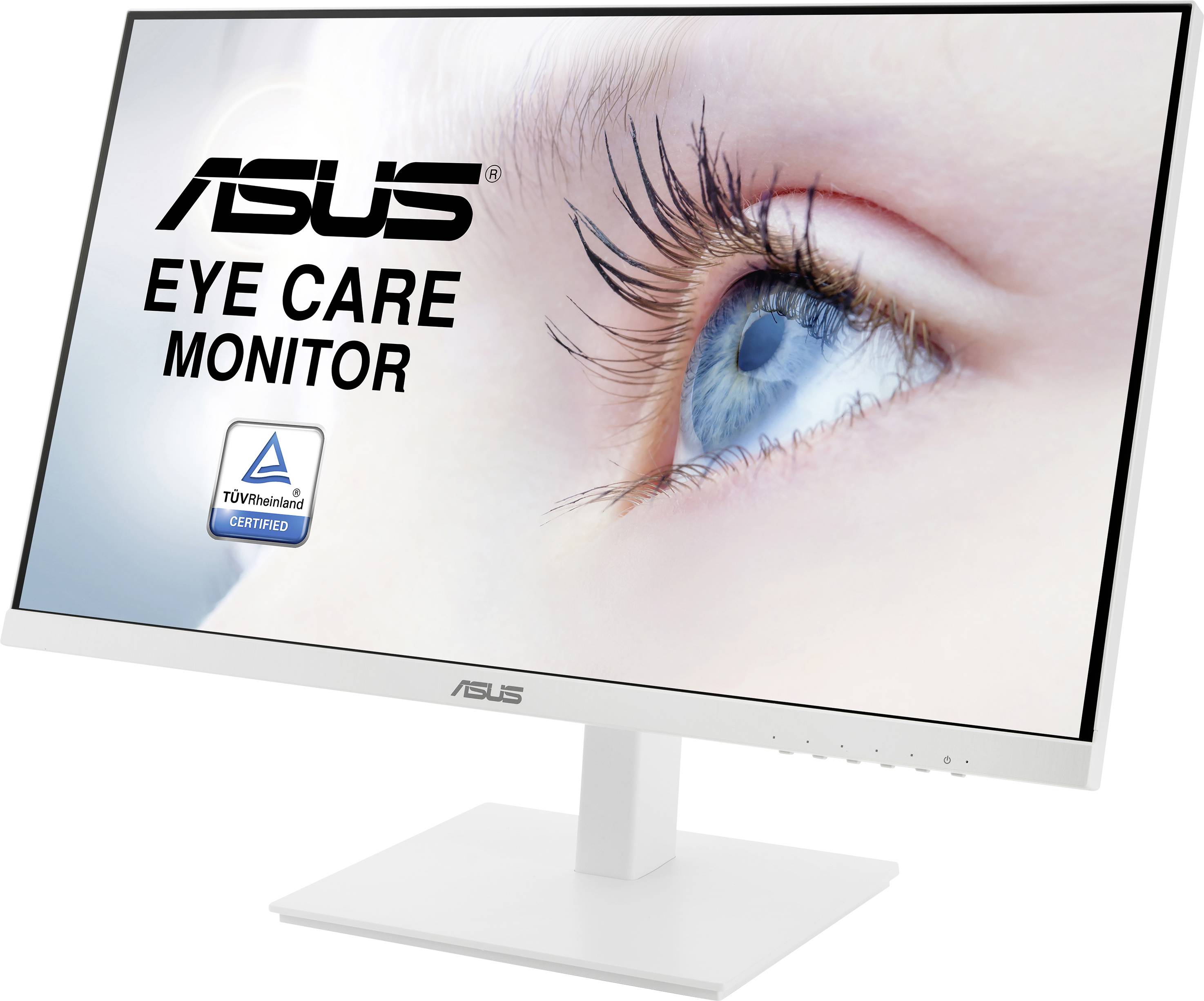 'ASUS Eye Care Monitor' with TÜV-certified label, showing a close-up of a blue eye demonstrating eye care properties.