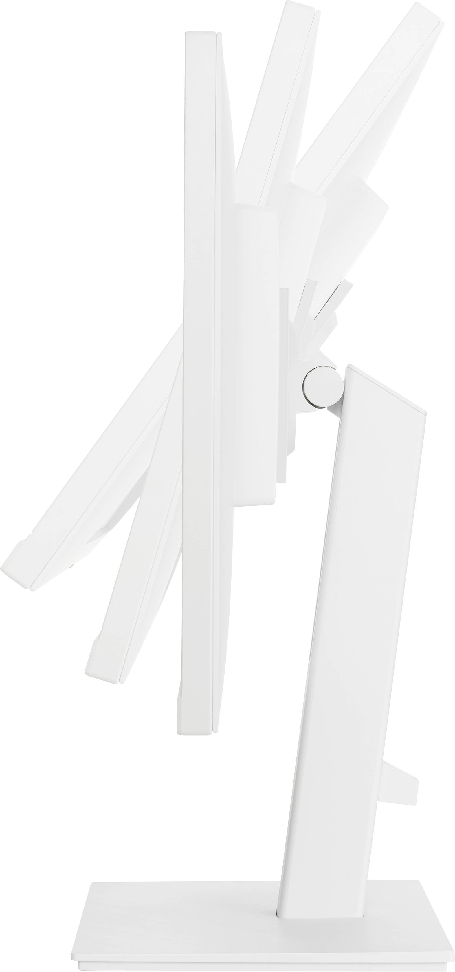 Side view of an adjustable white computer monitor with a pivoting stand. The monitor displays various tilt angles.