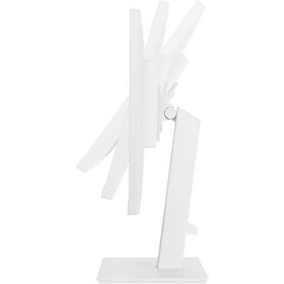 Side view of an adjustable white computer monitor with a pivoting stand. The monitor displays various tilt angles.