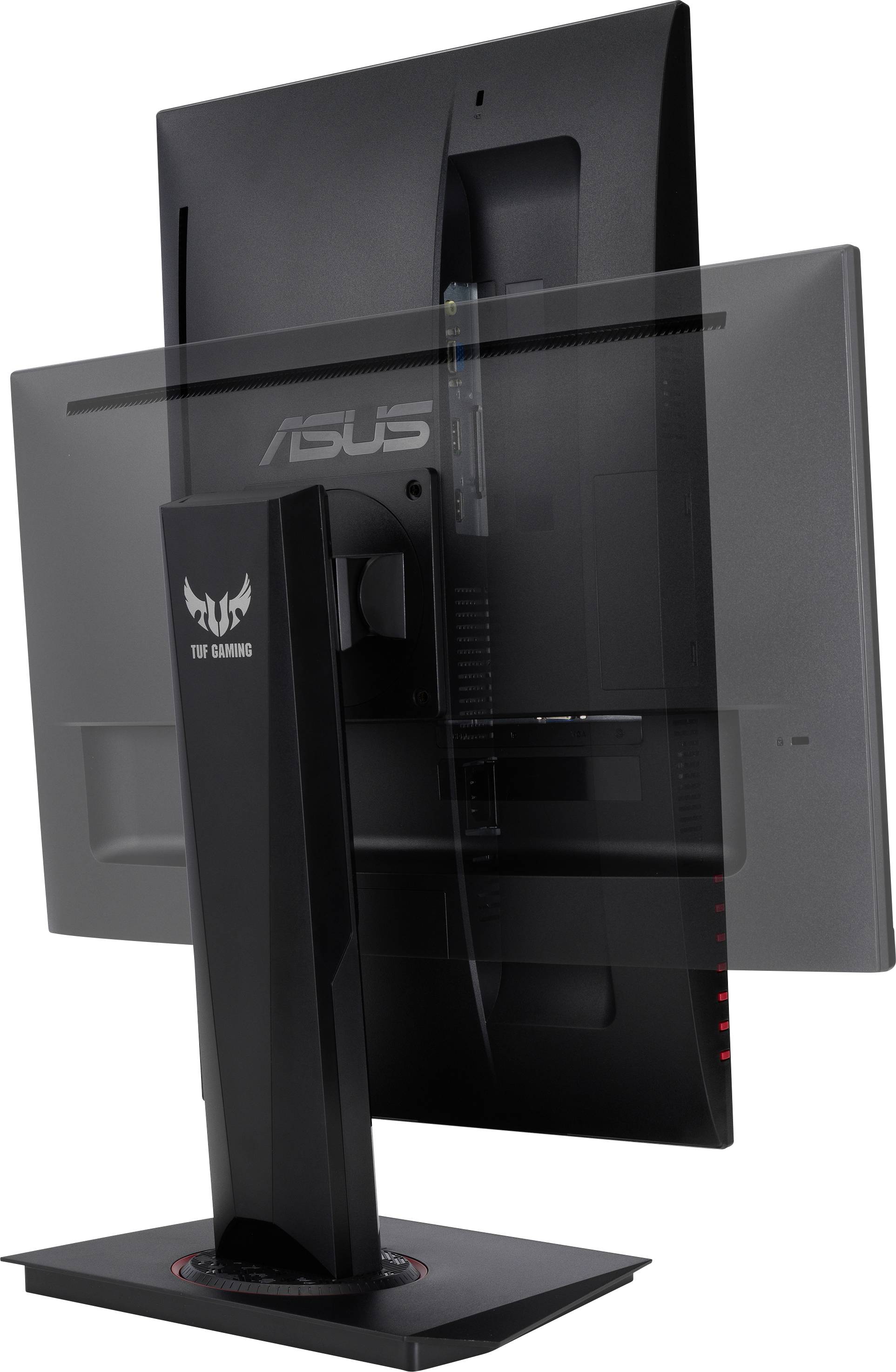 'Asus TUF Gaming Monitor' shows the rear view with an adjustable stand, suitable for gaming and professional use.