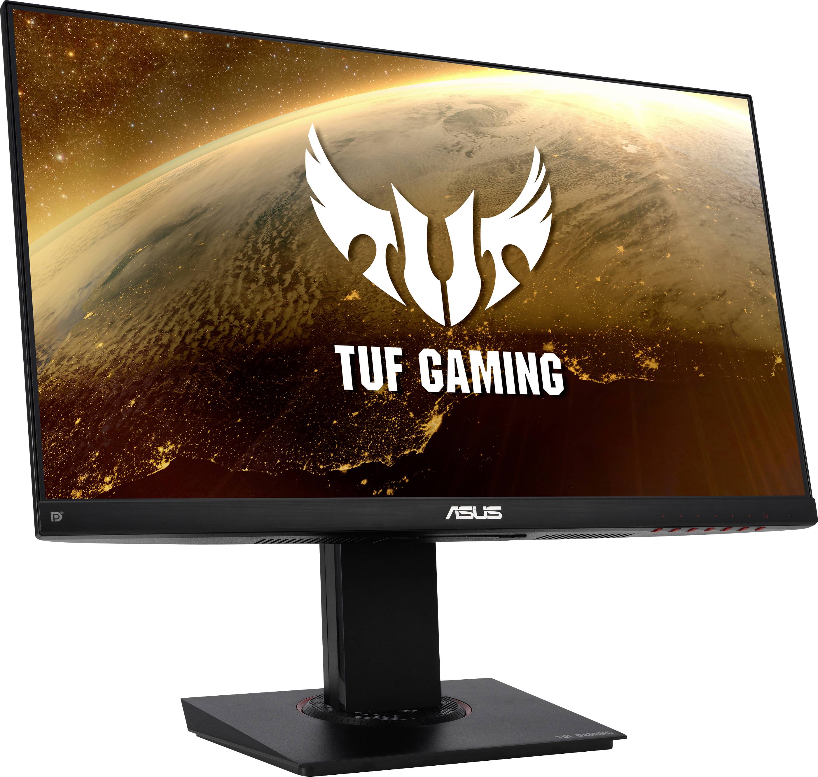 An ASUS gaming monitor with 'TUF Gaming' written on the screen, displaying a space design with a planet in the background.