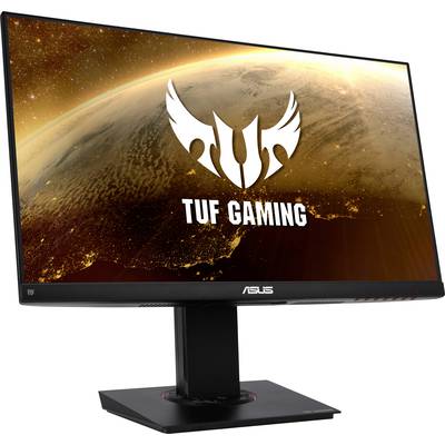 An ASUS gaming monitor with 'TUF Gaming' written on the screen, displaying a space design with a planet in the background.