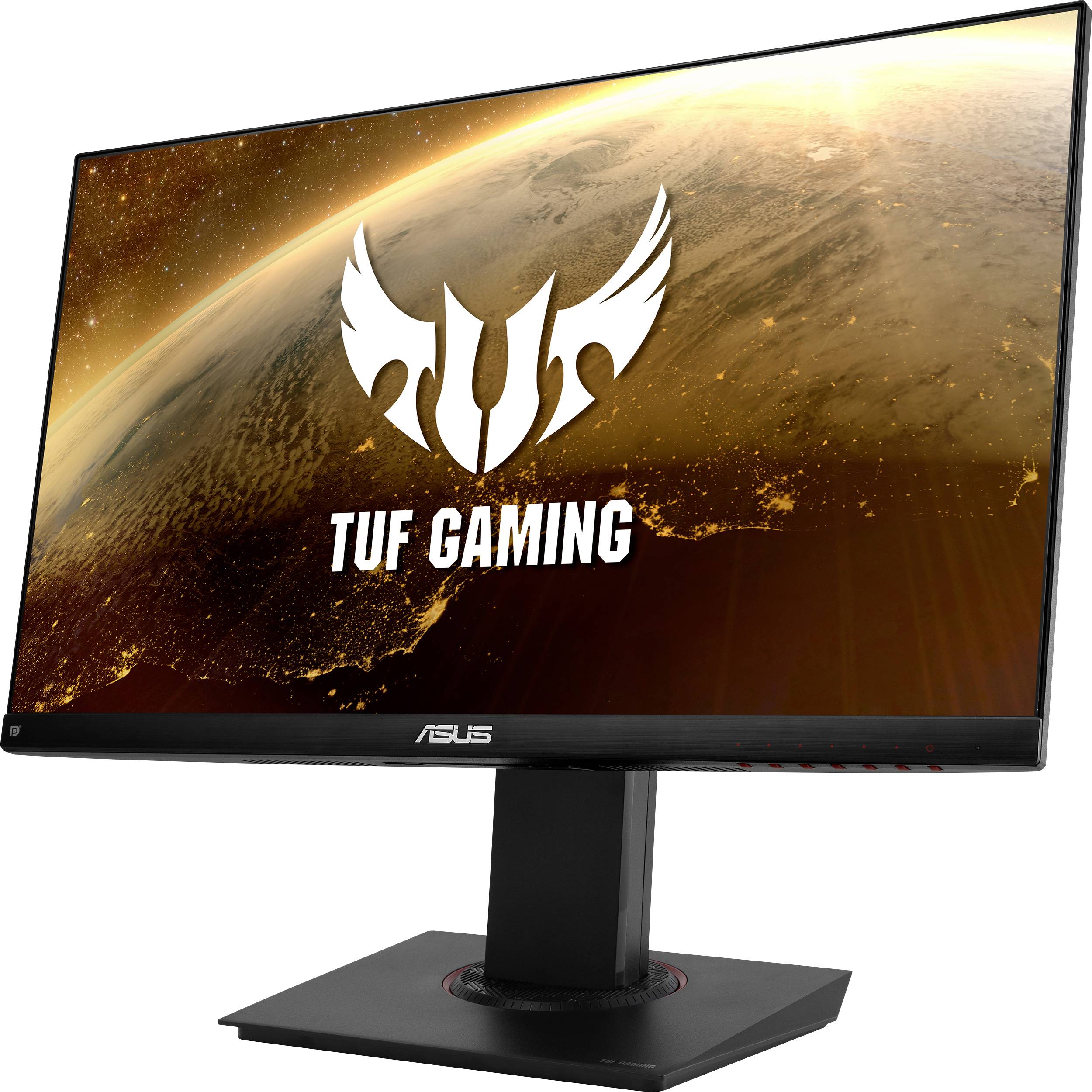 A computer screen displaying the 'TUF Gaming' logo shows an image of space with a planet in the foreground.