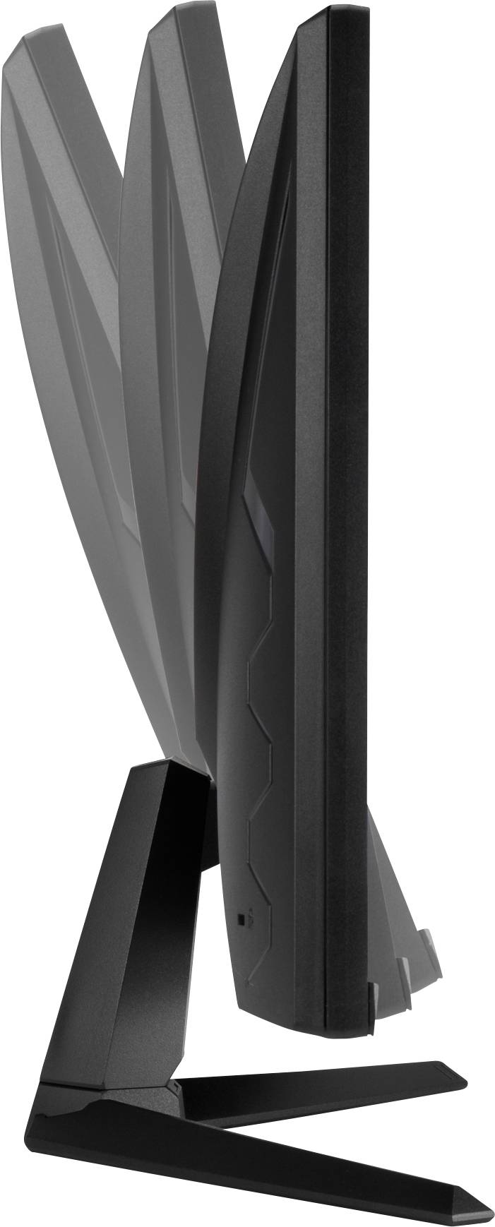 'A monitor viewed from the side demonstrates its adjustable tilt function, shown through several slightly angled positions.'