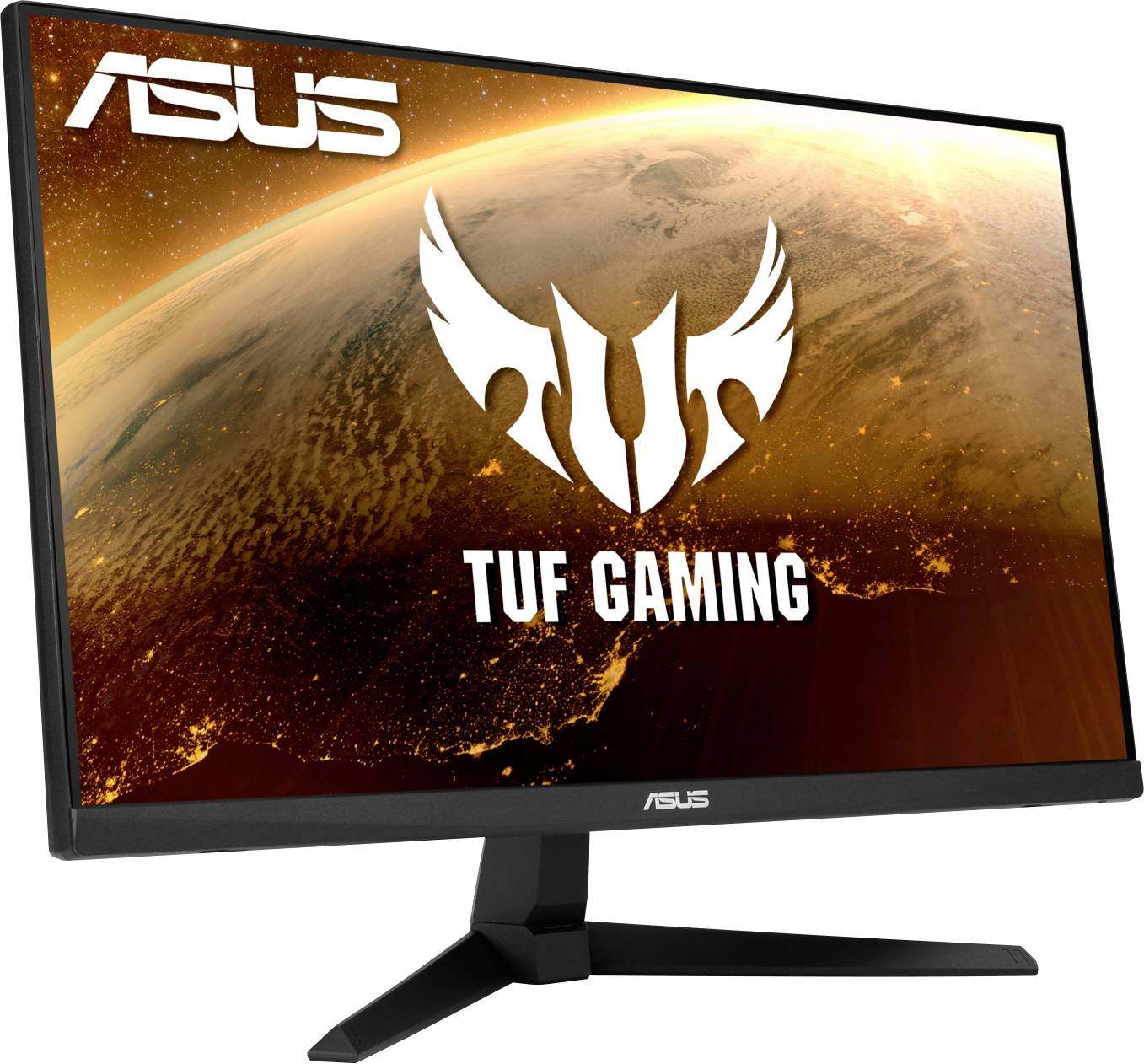 An ASUS TUF Gaming monitor with a planetary design on the screen. The logo and the text 'TUF GAMING' are visible.