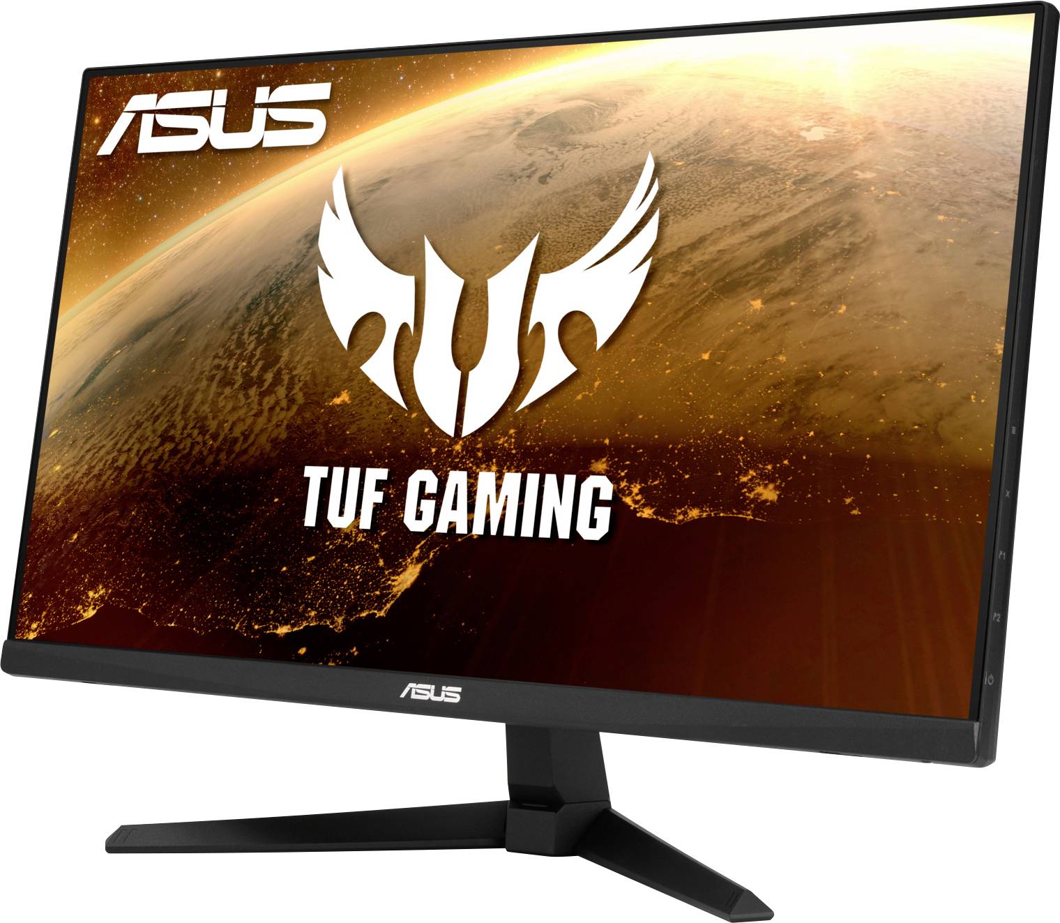 An Asus TUF Gaming Monitor displays an image of the planet Earth from space with the 'TUF Gaming' logo and the Asus logo in the top left corner.