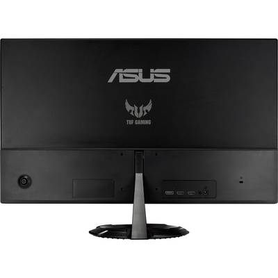 Rear view of an Asus TUF Gaming Monitor with visible stand and ports located bottom right.