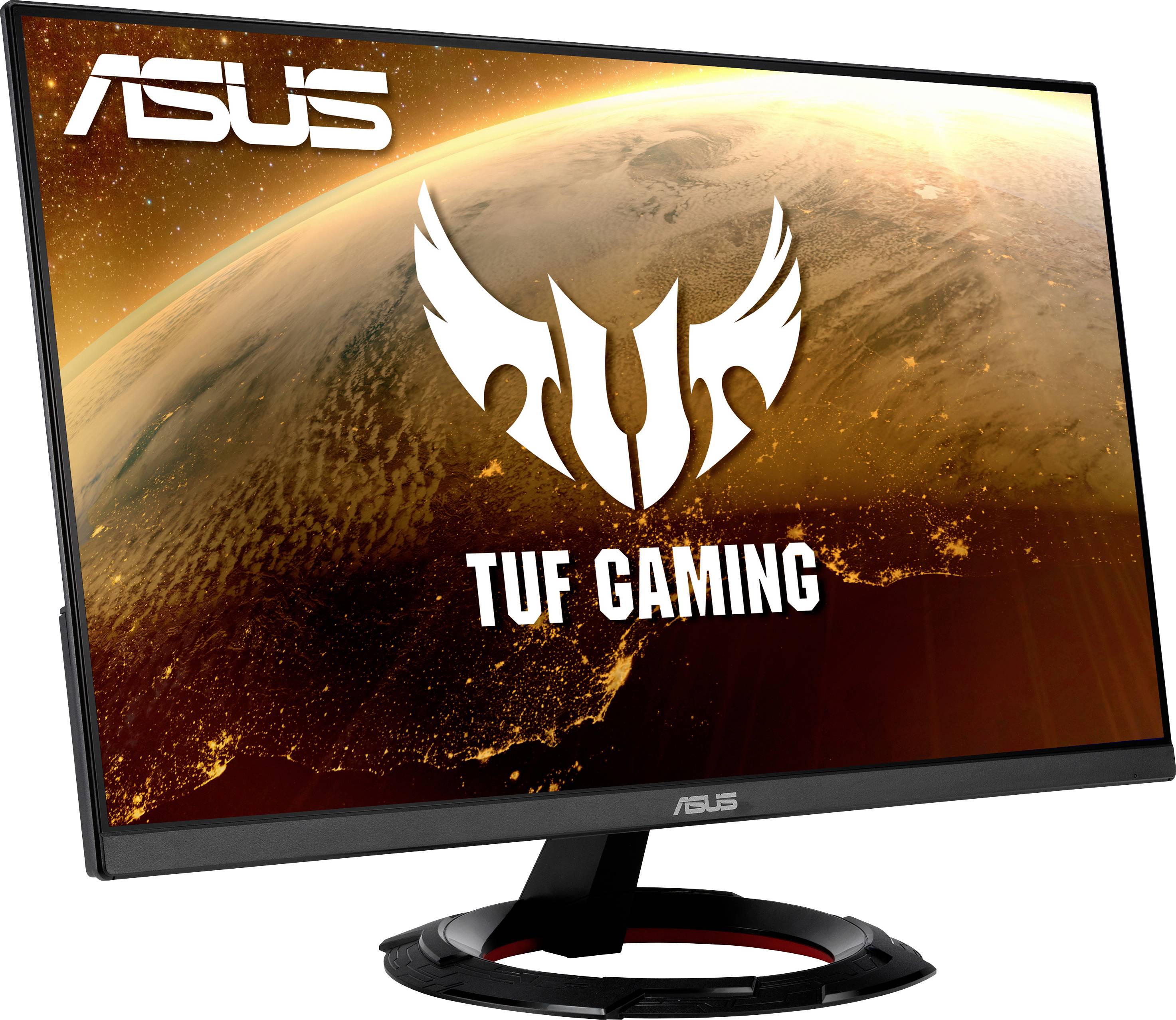 Gaming monitor with the 'ASUS TUF Gaming' logo on the screen, with a planet in the background.