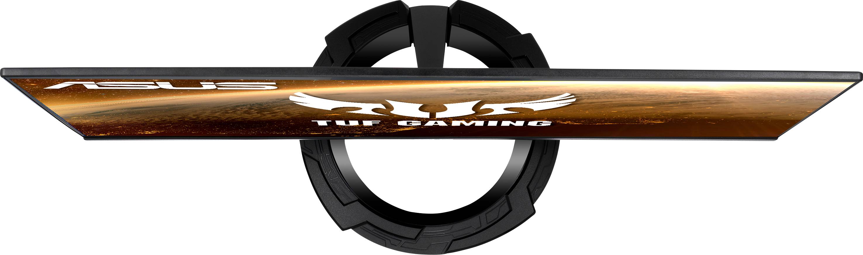 A flat monitor with the inscription 'TUF Gaming' and the ASUS logo displays a stylised design and circular stand.