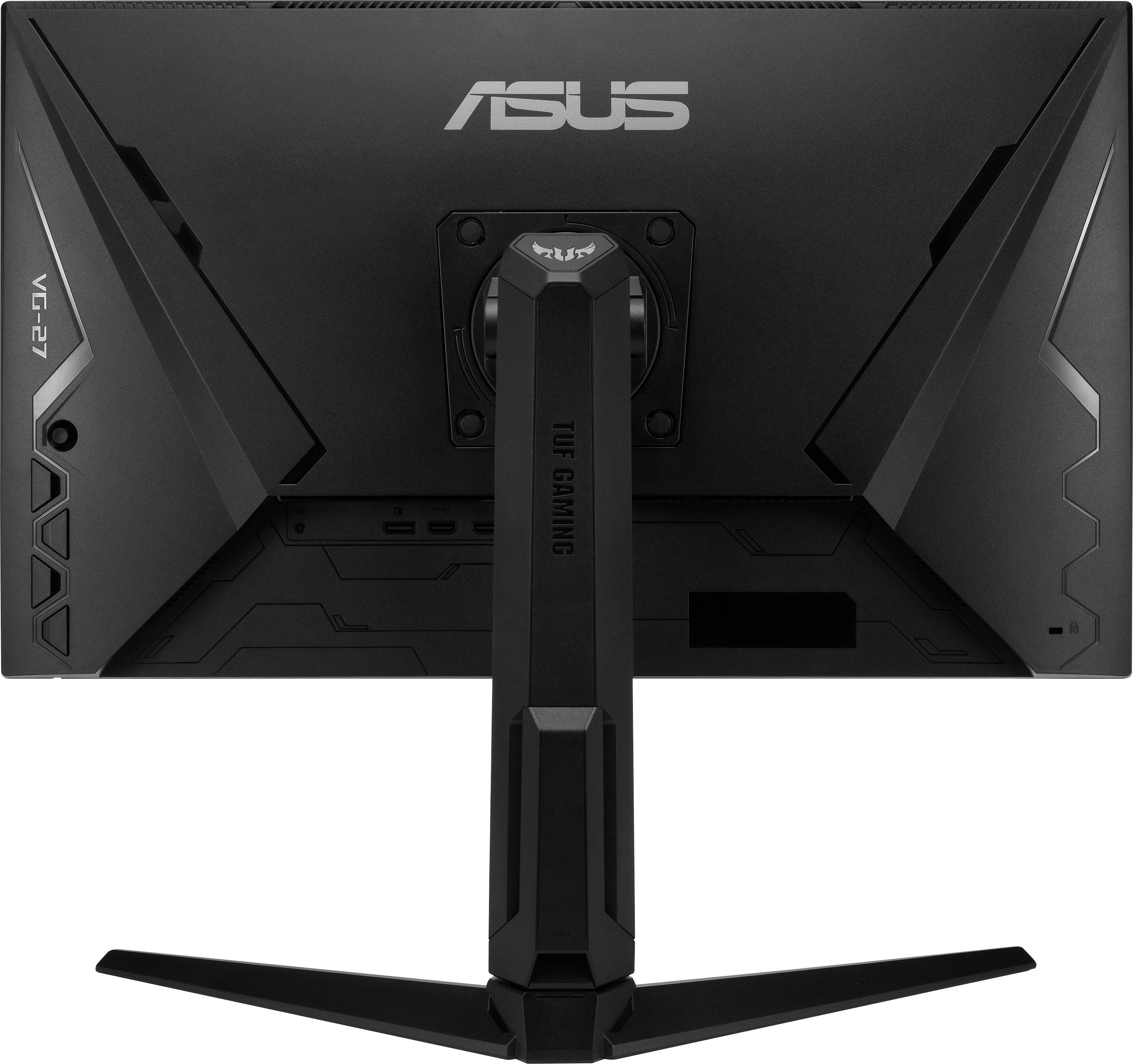 Rear view of a black ASUS TUF Gaming monitor with a sturdy stand and distinctive design.