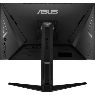 Rear view of a black ASUS TUF Gaming monitor with a sturdy stand and distinctive design.