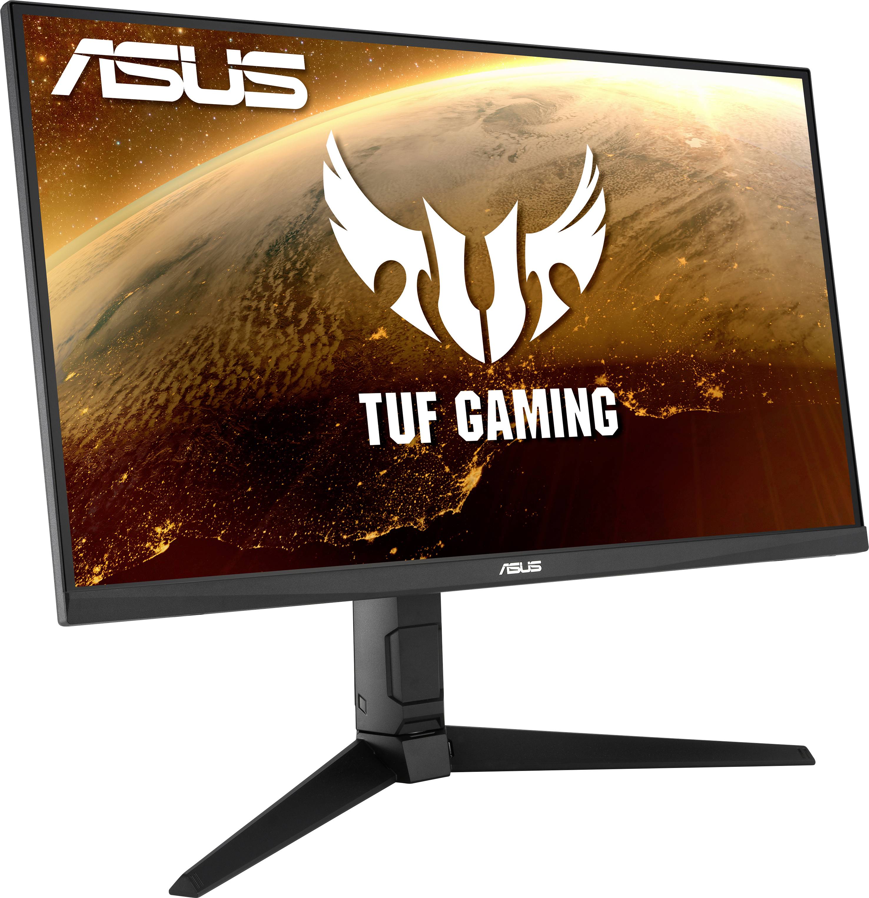 An ASUS TUF Gaming Monitor with a dynamic gaming design and illuminated space background. Displayed brand and logo.