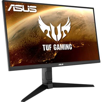An ASUS TUF Gaming Monitor with a dynamic gaming design and illuminated space background. Displayed brand and logo.