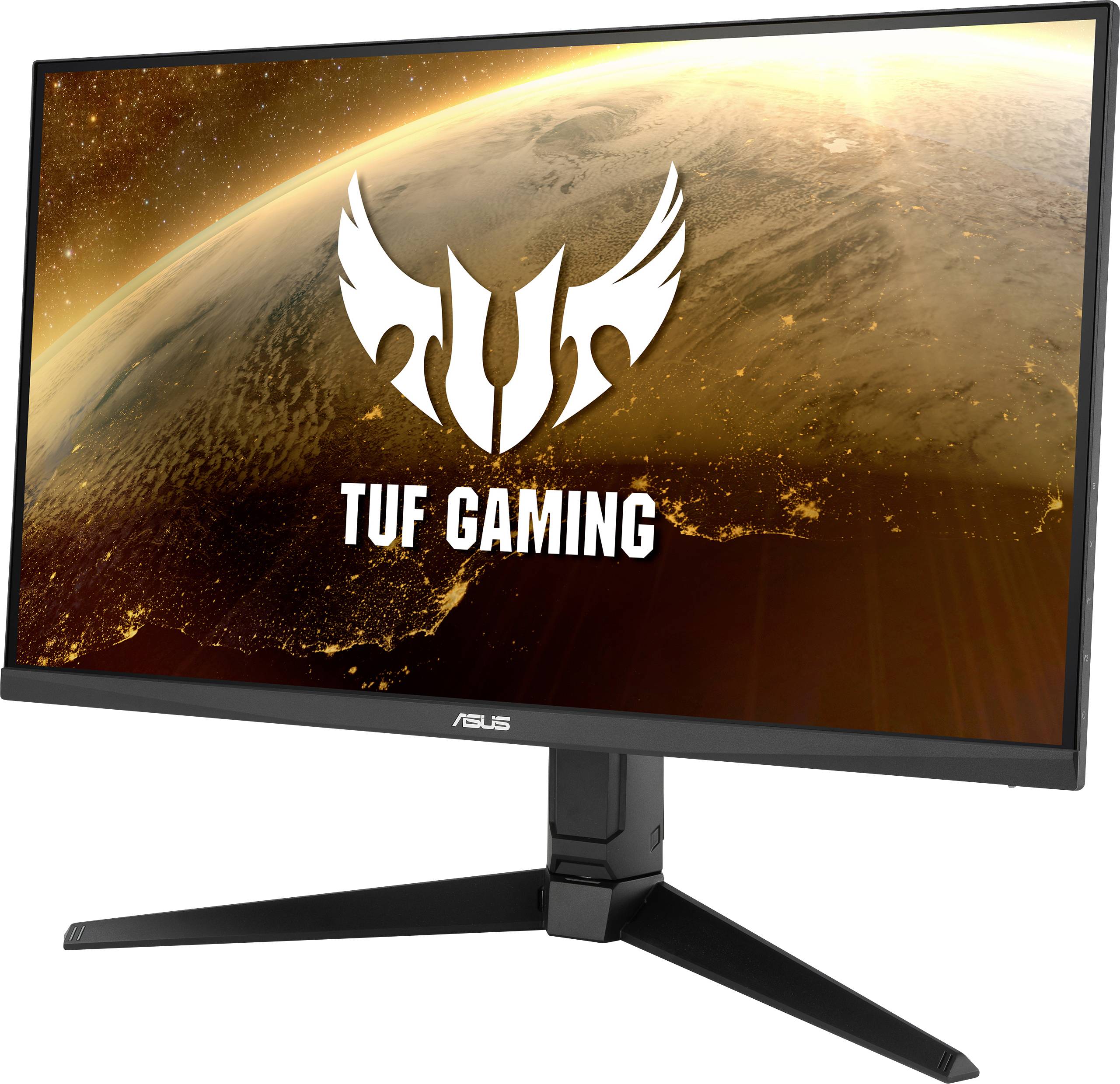 An ASUS TUF Gaming monitor displays an image of the Earth from space, with the TUF Gaming logo prominently featured on the screen.