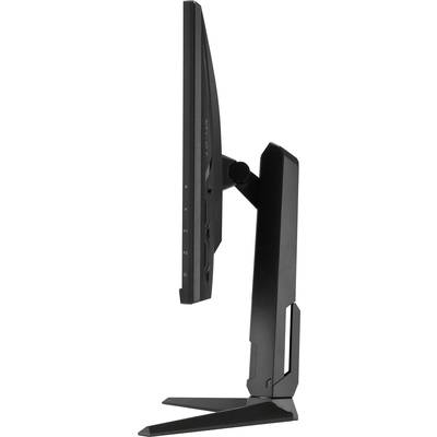 A sleek, black computer monitor in profile on an adjustable stand.