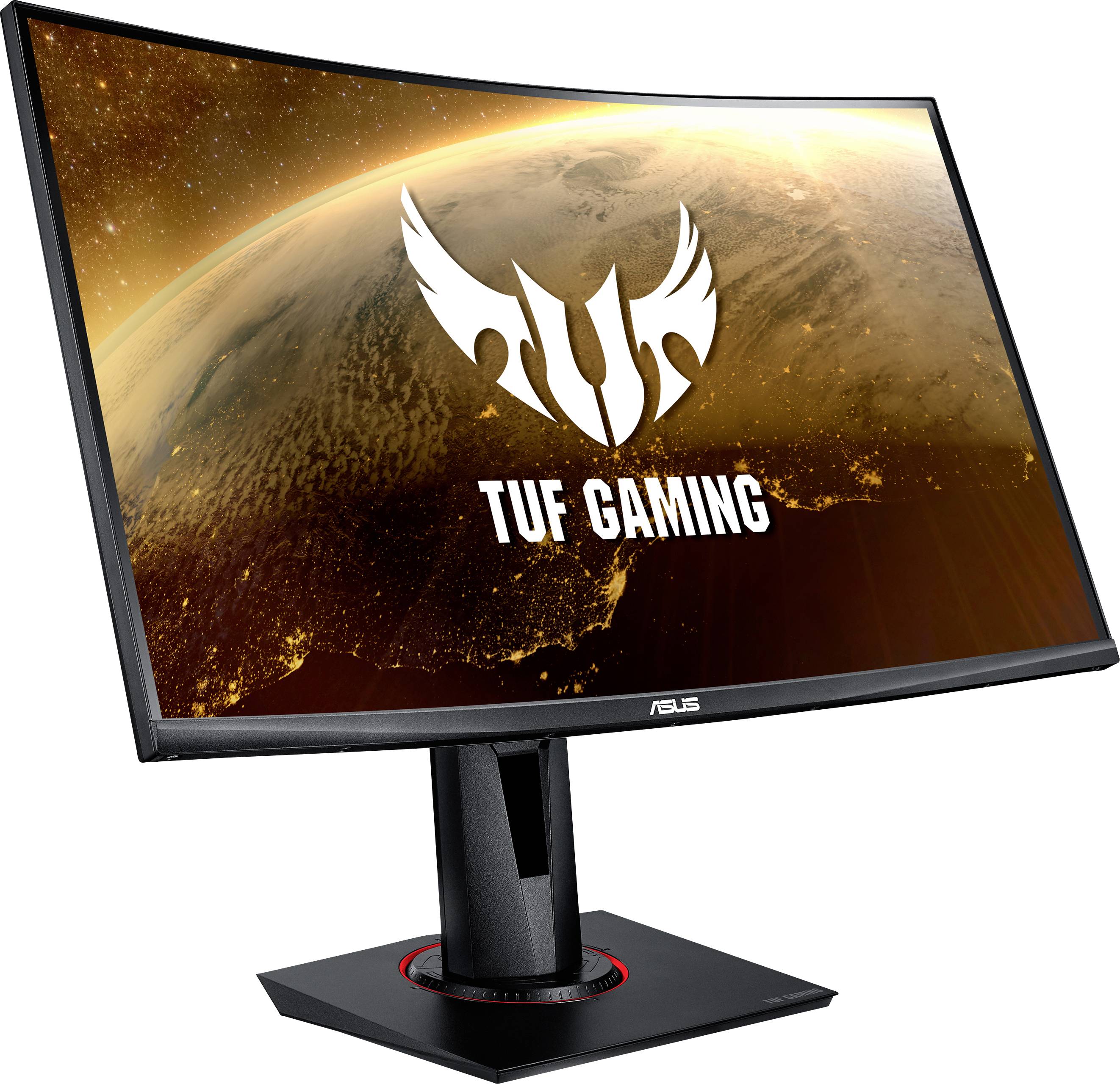 An ASUS TUF Gaming monitor with a curved screen, displaying the TUF Gaming logo against a space background.