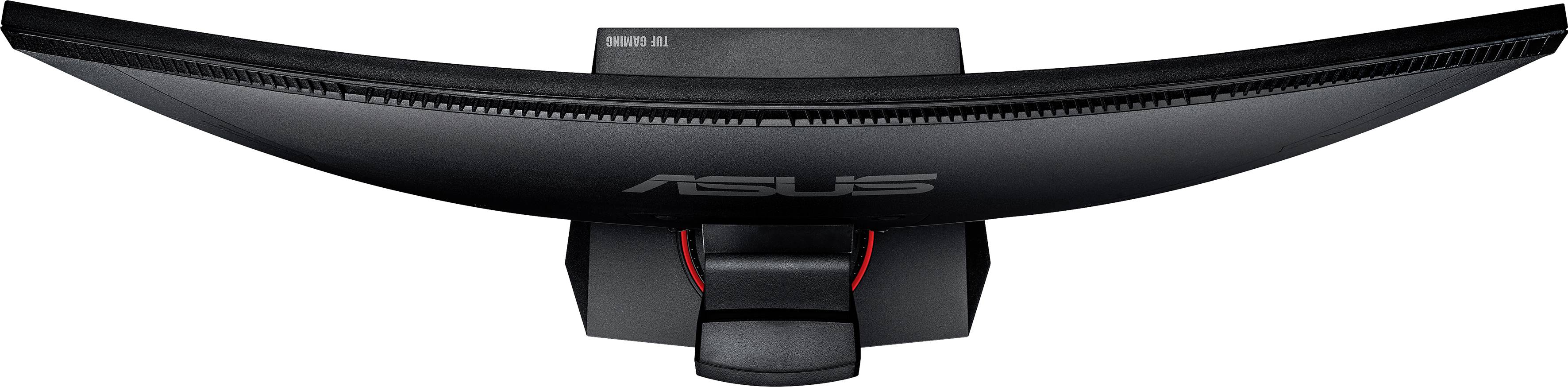 A curved ASUS monitor viewed from above. The design is modern and black, with red accents on the stand.