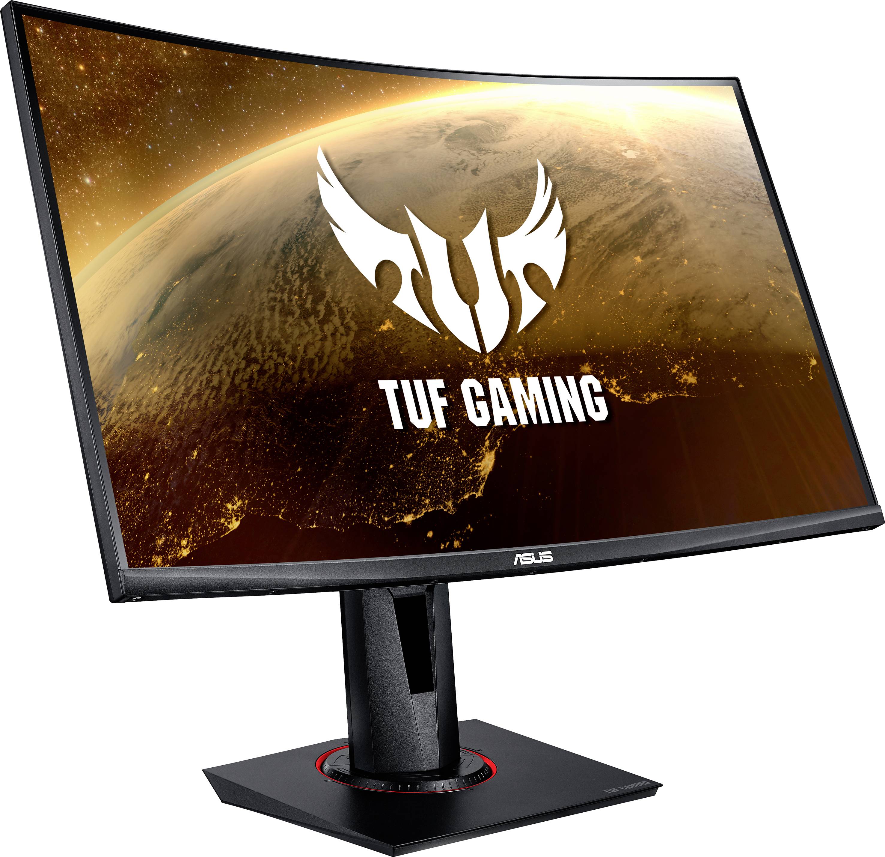A curved ASUS TUF Gaming monitor with a large, luminous planet displayed on the screen in the background.